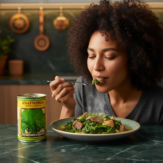 Dégustation d’un plat cuisiné avec Anatsonga CODAL, légume-feuille surgelé savoureux, parfait pour repas traditionnels et équilibrés.