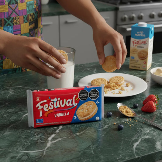 Personne trempant un biscuit vanille FESTIVAL dans un verre de lait, sur une table avec fruits rouges et paquet visible, moment gourmand.