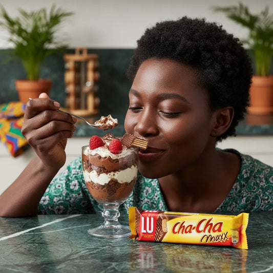 Femme dégustant un dessert à base de barre chocolatée LU Cha-Cha Maxx, combinant gaufrette croquante et chocolat au lait onctueux.