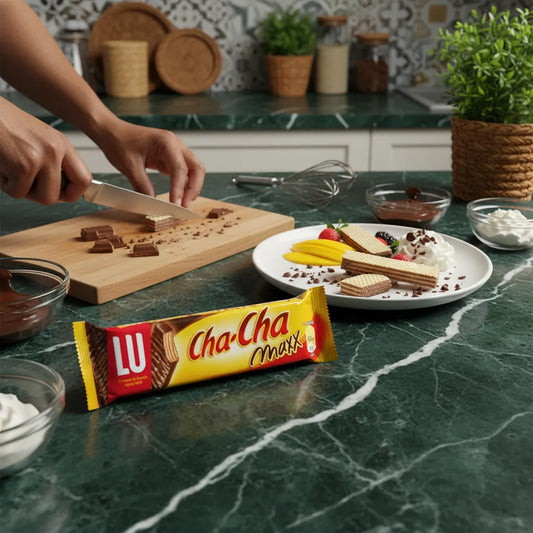 Préparation culinaire avec barre chocolatée LU Cha-Cha Maxx découpée, idéale pour agrémenter desserts et recettes sucrées maison.