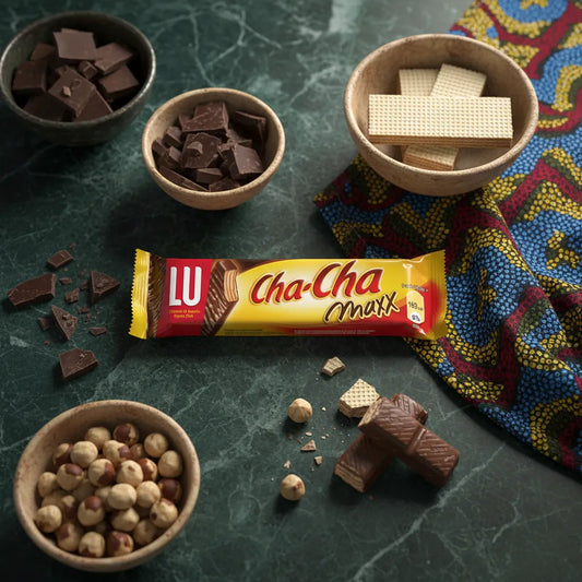 Barre chocolatée LU Cha-Cha Maxx posée sur une table avec éclats de chocolat, noisettes et gaufrettes, parfaite pour les desserts maison.