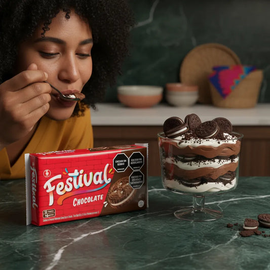 Femme dégustant un dessert à base de biscuits chocolat FESTIVAL, parfait pour recettes gourmandes en épicerie sucrée.