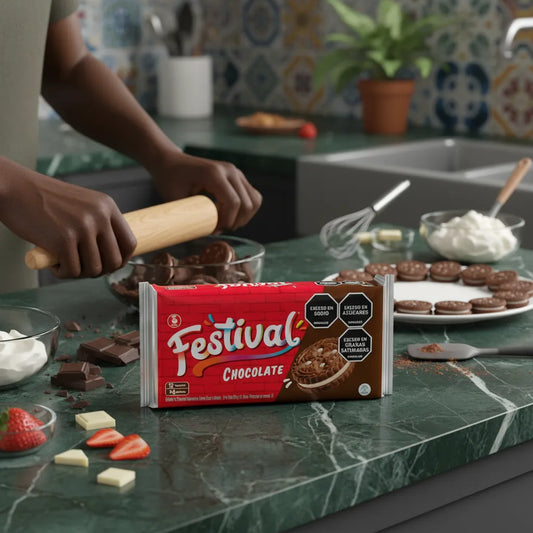 Préparation de dessert maison avec biscuits chocolat FESTIVAL, ingrédient idéal pour pâtisserie croustillante et sucrée.