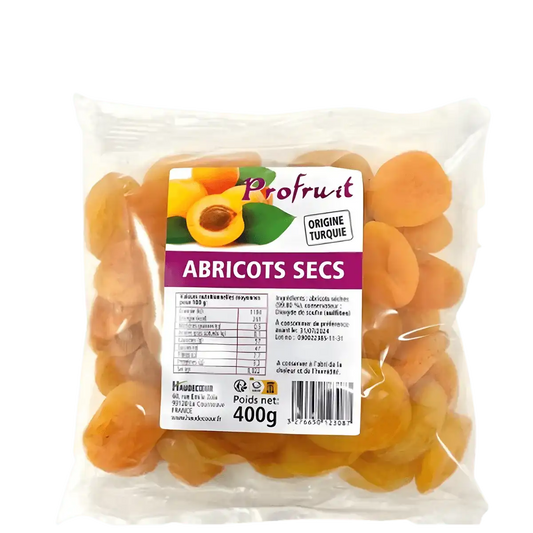 Abricots secs PROFRUIT 400g en sachet transparent, fruits moelleux d'origine Turquie, parfaits pour collation ou cuisine saine.