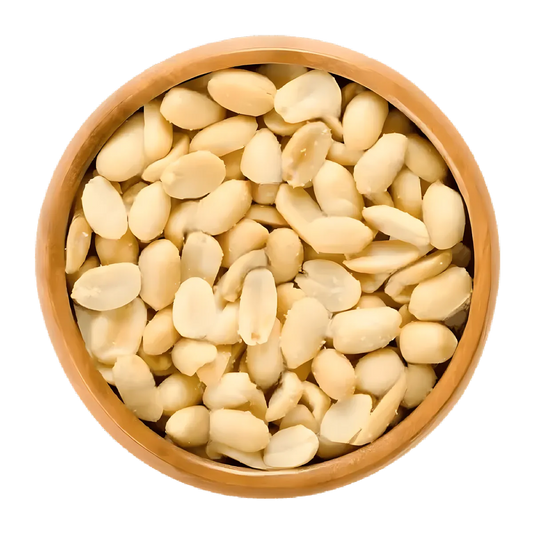 Bol en bois rempli d’arachides blanches salées PROFRUIT, parfaites comme en-cas croquant ou ingrédient pour salades.