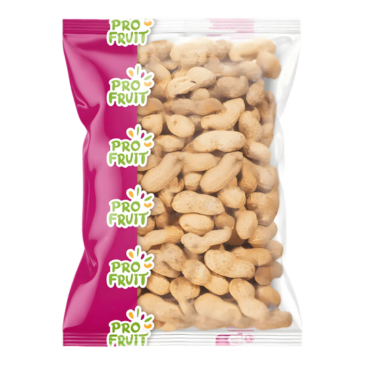 Arachides Grillées PROFRUIT en sachet transparent et rose, cacahuètes entières en coques, snack croquant de fruits secs.