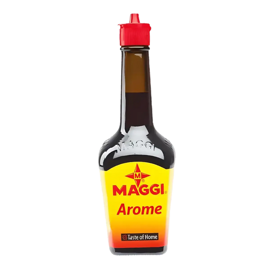 Bouteille d'Arôme MAGGI avec bouchon rouge, assaisonnement salé idéal pour sublimer plats et sauces avec une touche umami distinctive.