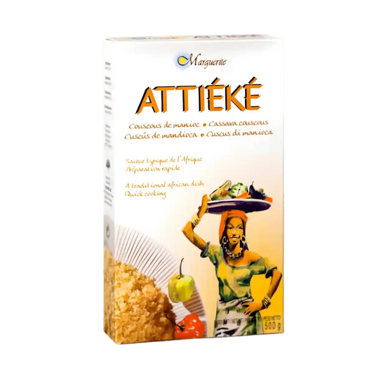 Boîte d'Attiéké Sec Marguerite 500g, couscous de manioc typique d'Afrique, dans la catégorie Épicerie Salée. Idéal pour plats africains authentiques.