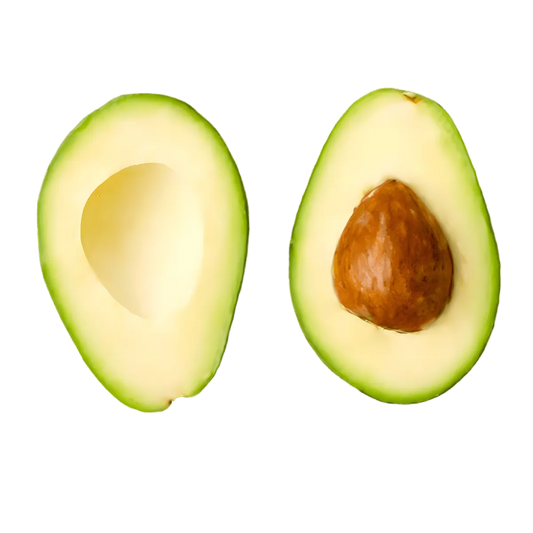 Avocat Haas coupé en deux montrant sa chair verte fondante et son noyau, parfait pour préparations variées et recettes saines.