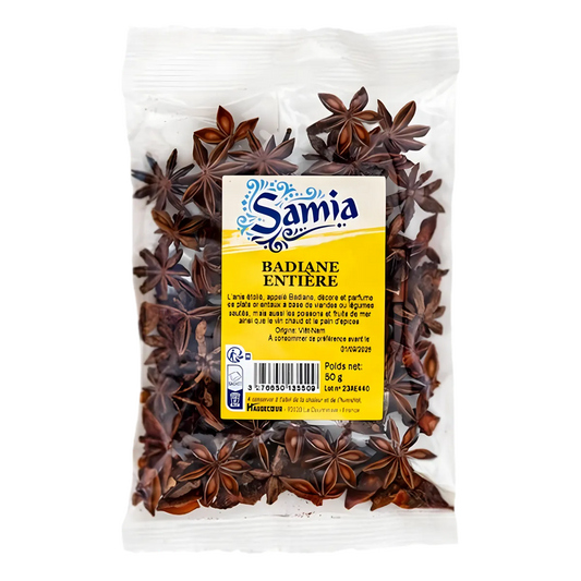 Badiane entière SAMIA - Anis étoilé en sachet de 50g, épice aromatique pour plats sucrés et salés, idéale en épicerie salée.