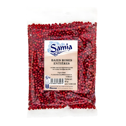 Baies roses entières SAMIA en sachet transparent de 50g, épices sucrées-poivrées idéales pour plats, sauces et marinades.