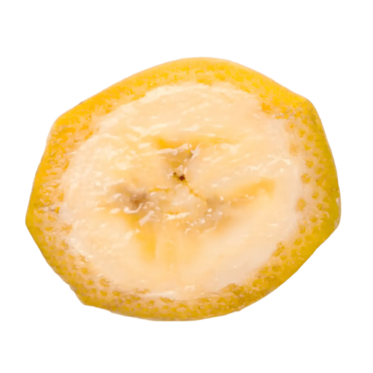 Tranche de banane jaune mûre, texture crémeuse et goût sucré, parfaite pour smoothies ou desserts nutritifs.