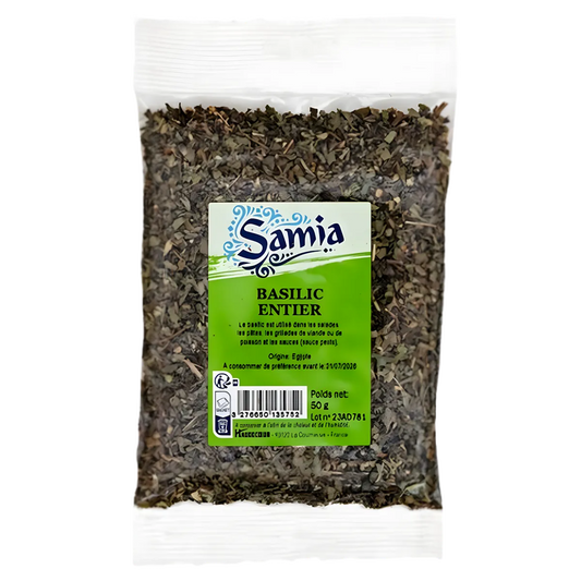 Basilic entier SAMIA - Aromatique et Intense en sachet de 50g, parfait pour assaisonner plats méditerranéens et recettes maison.