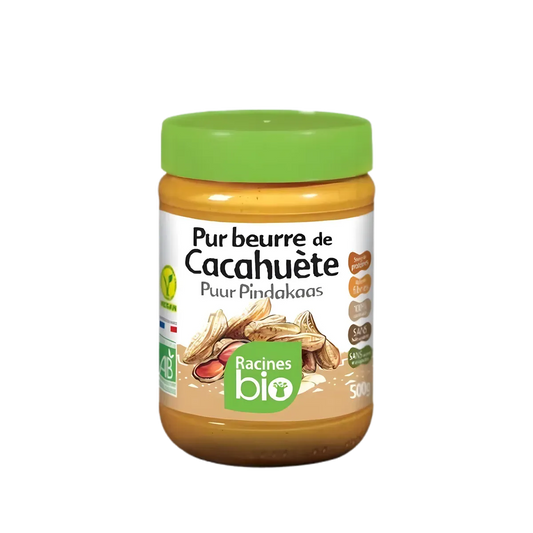 Pot de Beurre de Cacahuète RACINES BIO 500g, pur et bio, sans sucre ni huile, idéal pour une alimentation saine en épicerie sucrée.