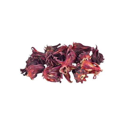 Fleurs séchées d’hibiscus rouge utilisées pour la préparation de la boisson bio hibiscus MATAHI, riches en goût et 100% naturelles.