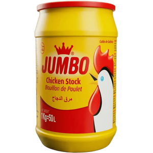Jumbo 1kg chicken broth jar, yellow and red packaging with logo and rooster image.