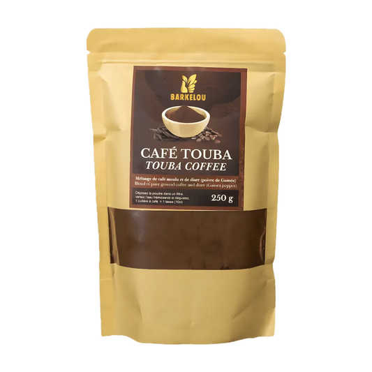 Paquet de 250g de Café Touba BARKELOU, café traditionnel au poivre de Guinée, dans un emballage refermable pour une conservation optimale.