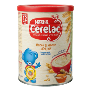 Nestlé Cerelac ontbijtgranen doos 400g, honing- en tarwesmaak voor baby's, met een blauw berenpatroon.