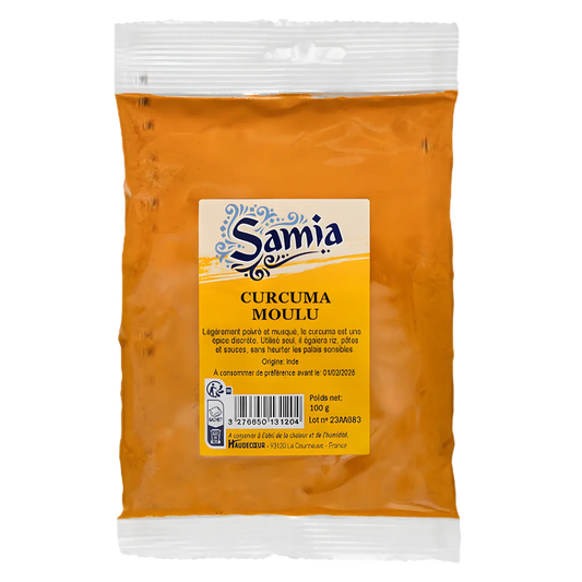 Curcuma moulu SAMIA - Bienfaits Curcuma | Épice Santé en sachet de 100g, idéal pour assaisonner plats salés, sauces et marinades.