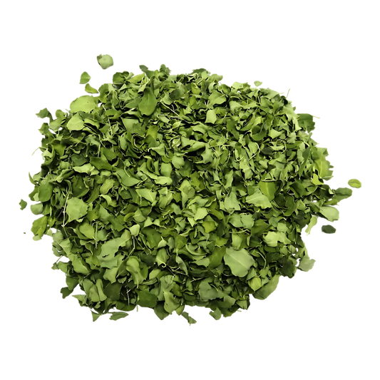 Feuilles de Moringa KILIMA séchées en vrac, source naturelle de nutriments pour infusions bien-être et compléments alimentaires.