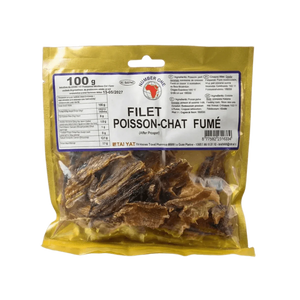 Smoked catfish fillet NUMBER ONE in its gold packaging.