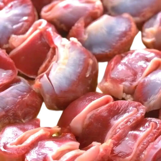 Gésiers de poule - Gésiers Surgelés en gros plan, couleur rouge intense et aspect frais. Produit de volaille surgelée prêt à cuisiner.