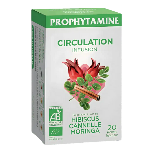 Boîte d'Infusion Circulation BIO PROPHYTAMINE avec hibiscus, cannelle et moringa. Infusion circulation bio pour bien-être naturel.