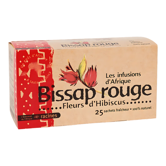 Boîte de 25 sachets d'infusion Bissap Hibiscus RACINES, boisson traditionnelle africaine 100% naturelle aux fleurs d'hibiscus séchées.
