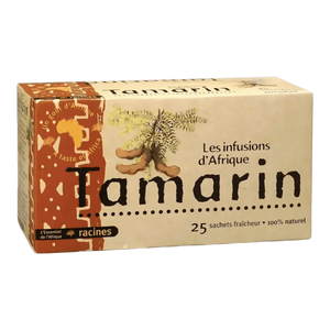 Tamarinden-Infusionsbox der Marke Racines, Geschmack Afrikas. Illustration von Tamarinden.