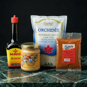 Still life with Maggi Arome, Creole mustard, Orchidée rice.