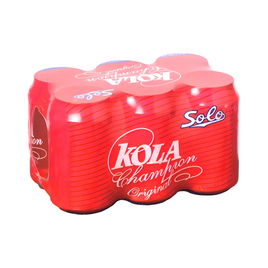 Pack de 6 canettes de Kola Champion SOLO - Boisson Gazeuse Cola | Saveur Unique, emballage rouge pratique pour transport et stockage.
