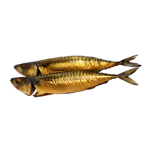 Deux maquereaux fumés entiers, brillants et dorés, parfaits pour les amateurs de fruits de mer à la recherche de qualité en ligne.