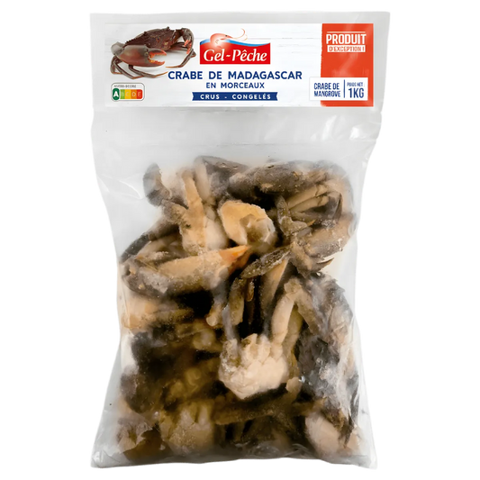 Sachet de 1kg de morceaux de crabe de Madagascar Gel-Pêche, crus et congelés, idéal pour plats chauds ou froids dans la catégorie fruits de mer.