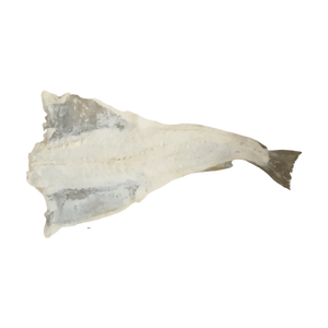 Morue salée séchée (500g). Produit de la mer sur fond vert.