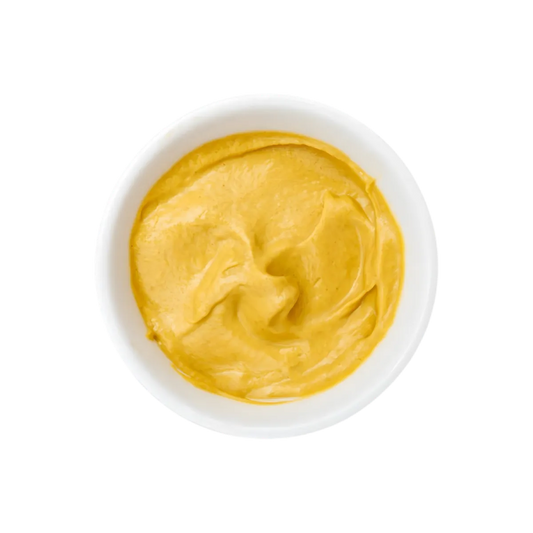 Bol de moutarde mi-forte AMORA à la texture onctueuse, couleur jaune doré, idéale pour accompagner plats et recettes salées.