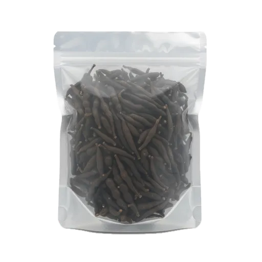 Sachet transparent de Poivre de Selim africain, épicerie salée, idéal pour relever plats exotiques avec une touche poivrée et aromatique.
