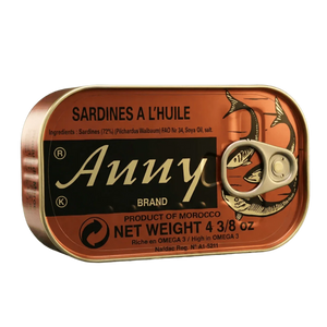 Boîte de sardines à l'huile Anny de 125g, produit du Maroc.