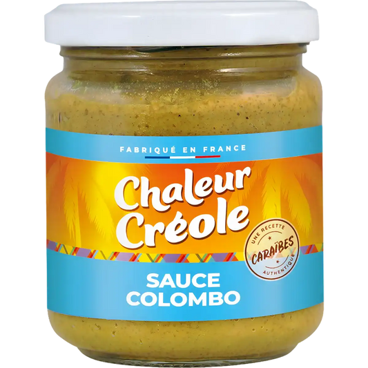 Pot de sauce colombo CHALEUR CREOLE aux épices créoles, étiquette colorée, idéal pour plats de viande, poisson ou légumes exotiques.