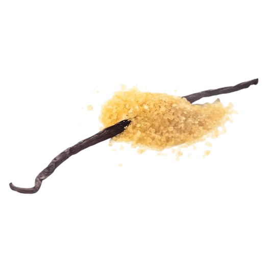 Gros plan de sucre vanillé ANCEL avec gousse de vanille Bourbon - Ingrédient raffiné pour desserts, idéal en cuisine sucrée.