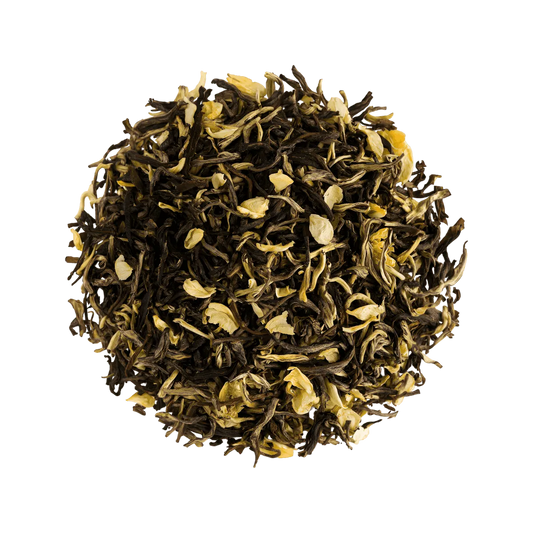 Mélange en vrac de thé vert au jasmin NKOSI, feuilles entières et fleurs de jasmin visibles. THÉ, INFUSIONS, CAFÉ - NKOSI.