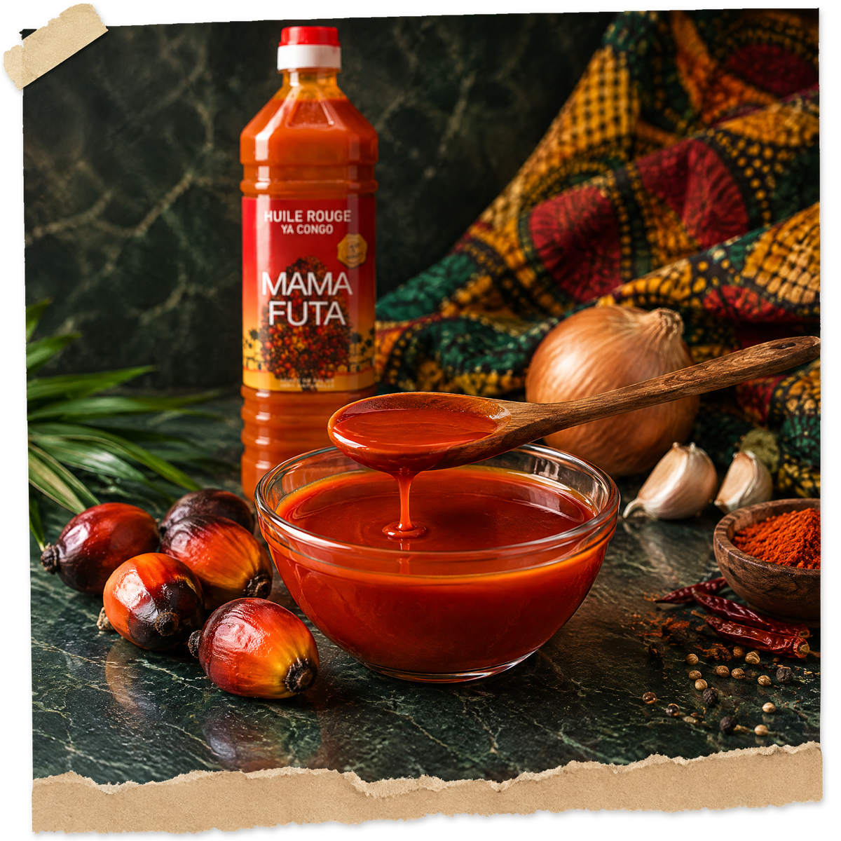 Bol d'huile de palme rouge, fruits de palme frais et bouteille MAMA FUTA