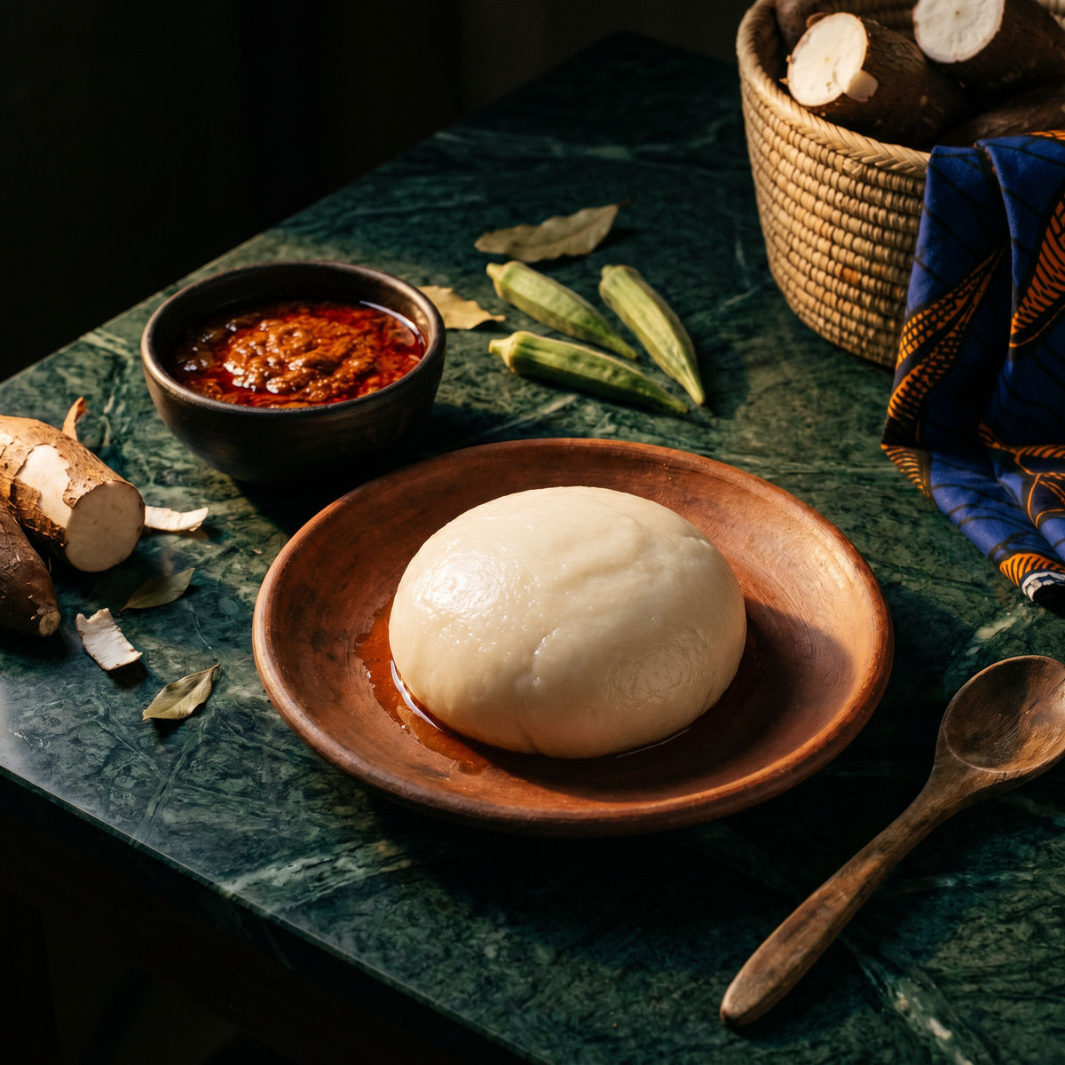 Placali ivoirien, pâte de manioc fermenté servie avec une sauce rouge