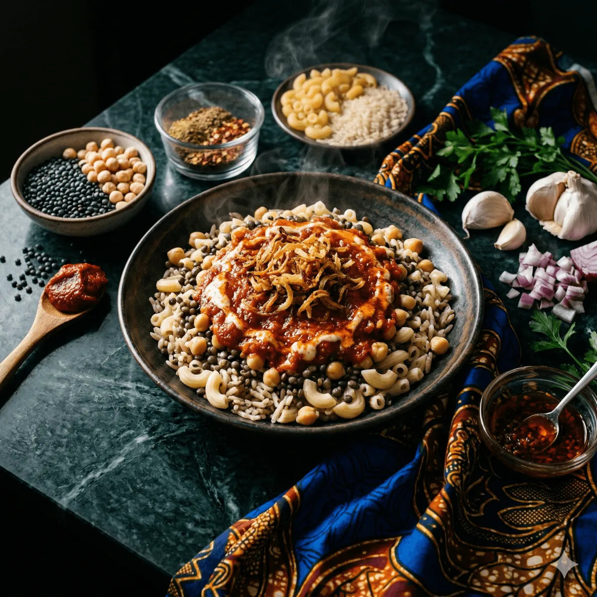 Recette Koshari Égyptien : Pâtes, Riz et Lentilles à la Sauce Tomate - Épicerie africaine en ligne NKOSI