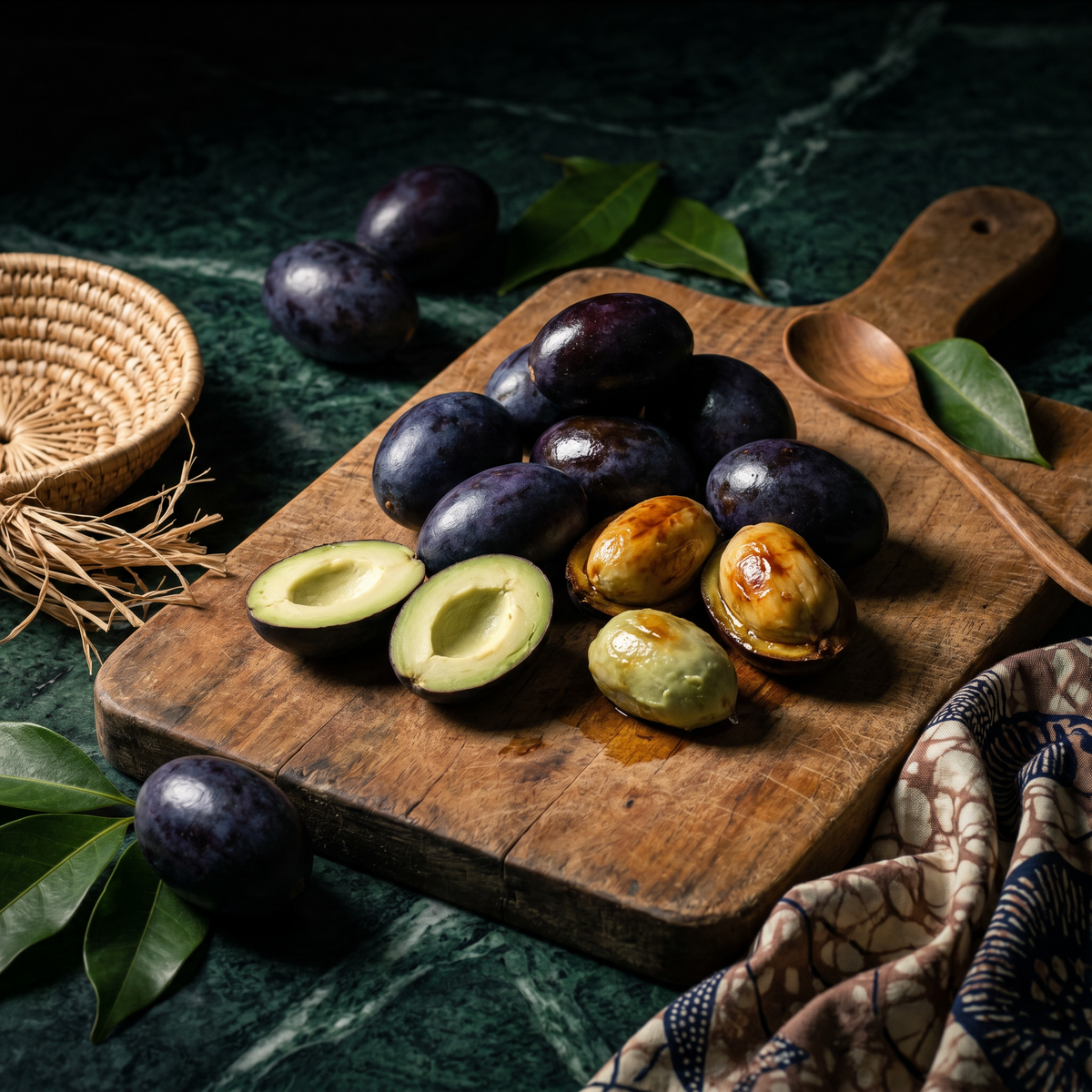 Safou, prune africaine (atanga), fruits violets entiers et coupés révélant la chair verte