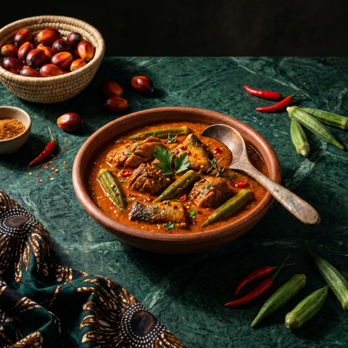 Sauce graine ivoirienne à la noix de palme, viande et poisson fumé dans un bol traditionnel