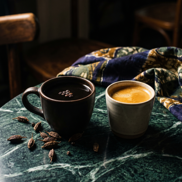 Café Touba du Sénégal en tasse brune à côté d'un expresso arabica crémeux, gousses d'épices séchées sur marbre vert