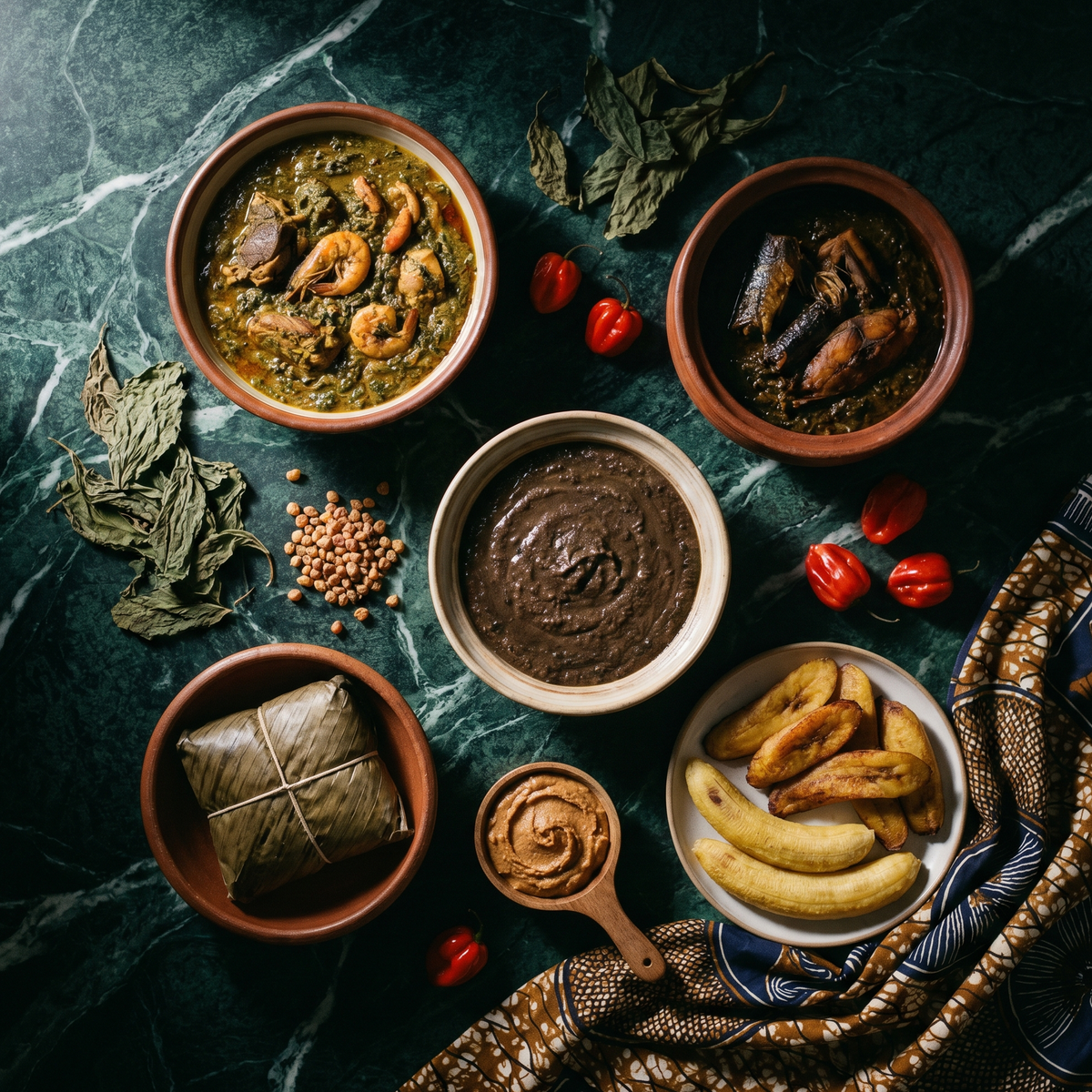 Plats camerounais en bols : ragoût vert aux crevettes, sauces sombres, plantains, paquet en feuille et piments sur marbre