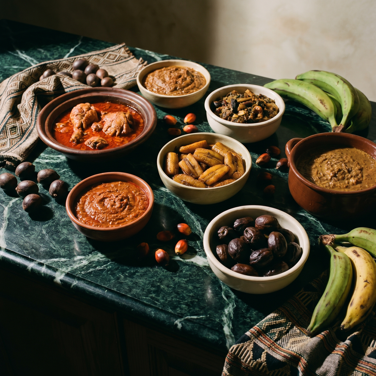 Plats gabonais : poulet en sauce rouge, sauces en bols, atanga, bâtons de manioc et bananes plantains vertes sur marbre