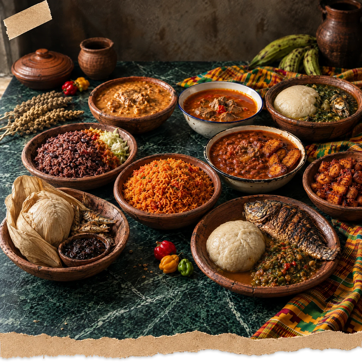 Dix plats du Ghana sur une table de marbre vert et un pagne kente : jollof, waakye, kenkey, banku au tilapia, red red, kelewele et soupes