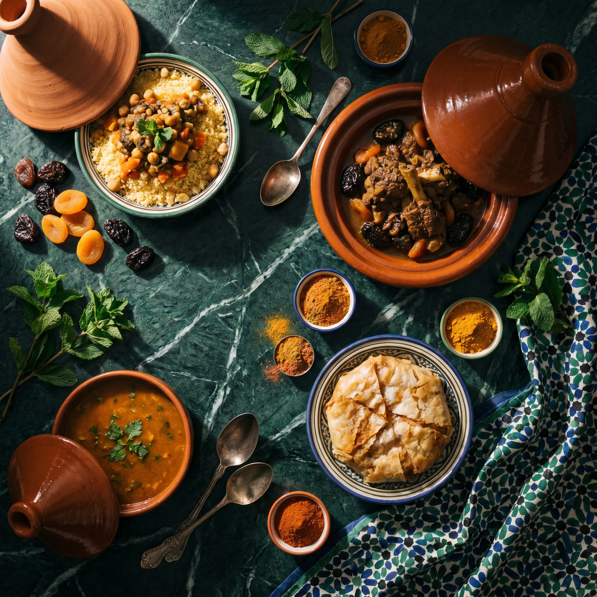 Plat marocain : tajine à la viande et aux pruneaux, couscous aux pois chiches, pastilla et soupe sur marbre vert